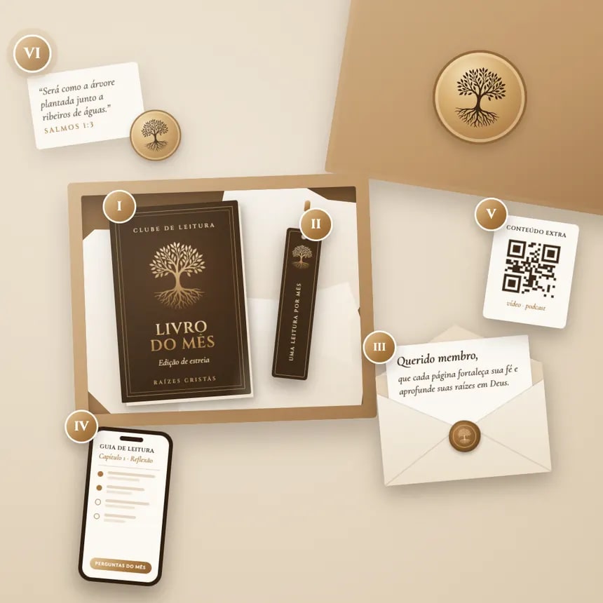 Kit do Clube de Leitura Raízes Cristãs: livro do mês, marcador, carta e guia de leitura